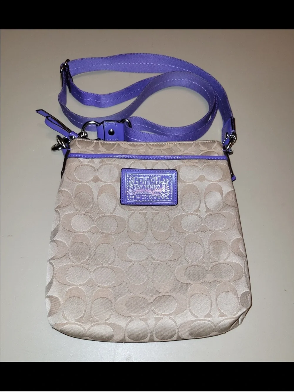 Coach Poppy Beige Signature Crossbody with Purple Trim
